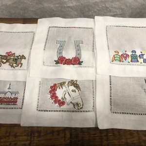 Kentucky Derby Embroidered Cocktail Napkins, Derby Cocktail Napkins set of 4, 6, Bar Top Napkins, Derby Gifts, Churchill Downs Run for Roses