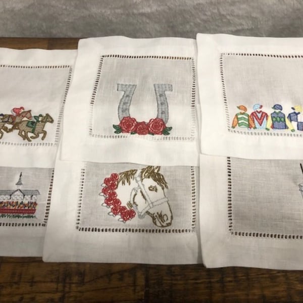Kentucky Derby Embroidered Cocktail Napkins, Derby Cocktail Napkins set of 4, 6, Bar Top Napkins, Derby Gifts, Churchill Downs Run for Roses