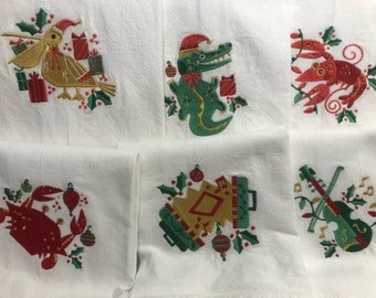 Kitchen Tea Towel Cajun Christmas, Alligator, Crawfish, Pelican, Accordion, Triangle, Fiddle, embroidered Louisiana Themed Gift