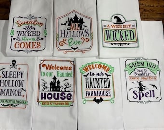 Halloween Kitchen Tea Towels embroidered customized, Haunted Halloween, A Wee Bit Wicked Tea towel