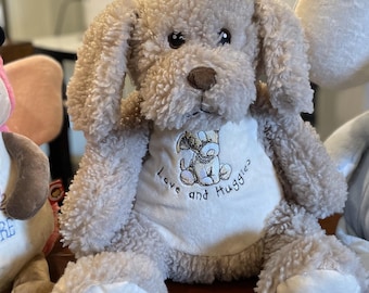 Plush Toffee Dog – 16" Embroidered Stuffed Animal | “Love and Huggies” | Baby Shower Gift | Cuddly Puppy Plush | Personalized Gift Option
