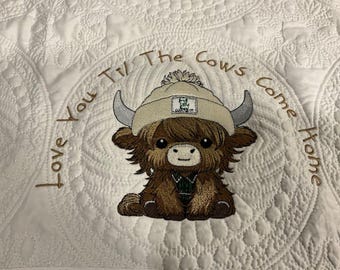 Baby Quilt, Highland Cow Quilt, Cow Train Quilt, Personalized Quilt, Embroidered baby blanket, Customized