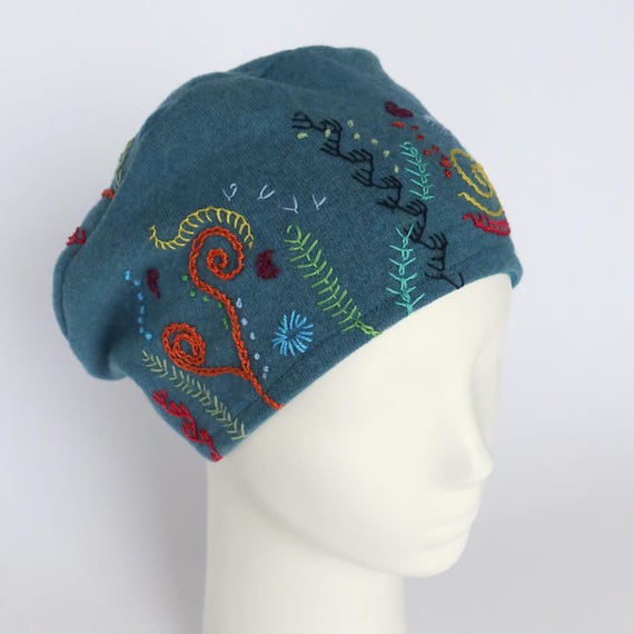 Merinomütze, Merinobeanie, Merinobaskenmütze,  handbestickt, dehnbar, Einheitsgröße, mit Baumwolle gefüttert
