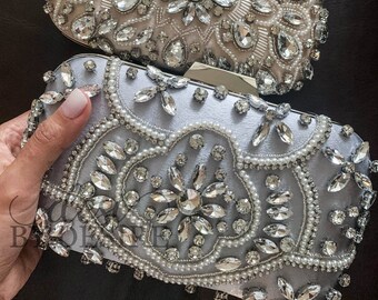 Embroidered Bridal Clutch | Crystal Pearl Beaded Clutch | Wedding Clutch | Designer Bridal Purse | Evening Party Clutch | Bridal Gifts