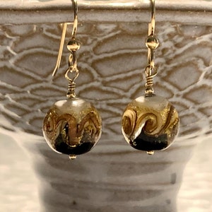 Murano Glass Dangle Earrings: Black and Gold, 14K Gold Filled