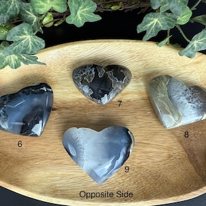 May include: Four heart-shaped stones in shades of gray, white, and black are displayed on a wooden tray. The stones have unique patterns and textures. The tray is surrounded by green foliage.