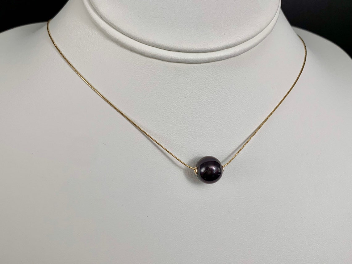 Gold Floating Pearl Necklace, 14K Gold Filled Freshwater Pearl Necklace, Peacock Black Pearl