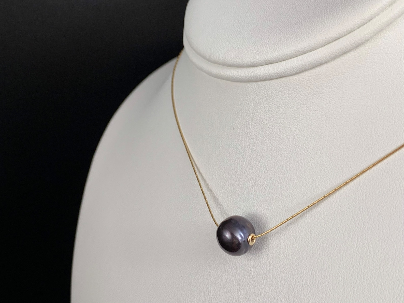 Gold Floating Pearl Necklace, 14K Gold Filled Freshwater Pearl Necklace, Peacock Black Pearl