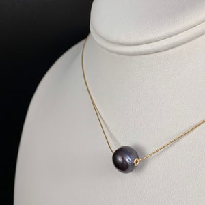Gold Filled Floating Pearl Necklace: Peacock Black Freshwater Pearl