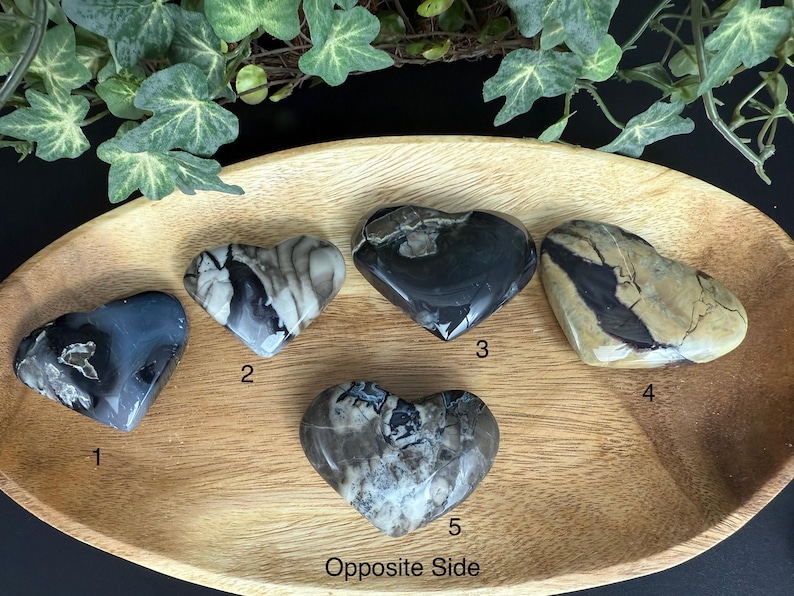 May include: Five heart-shaped stones with unique patterns and colors, displayed on a wooden tray. The stones vary in shades of gray, black, and beige. The tray is surrounded by green foliage.