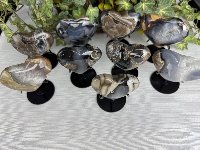 May include: A collection of heart-shaped stones in various colors, including gray, brown, and black, displayed on black stands. The stones have unique patterns and textures, and are arranged on a white surface with greenery in the background.