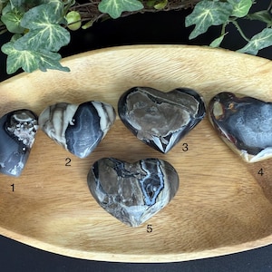 May include: Five heart-shaped stones with unique patterns and colors, displayed in a wooden tray. The stones vary in shades of gray, black, and brown, with visible veining and textures. The tray is oval-shaped and made of light-colored wood.