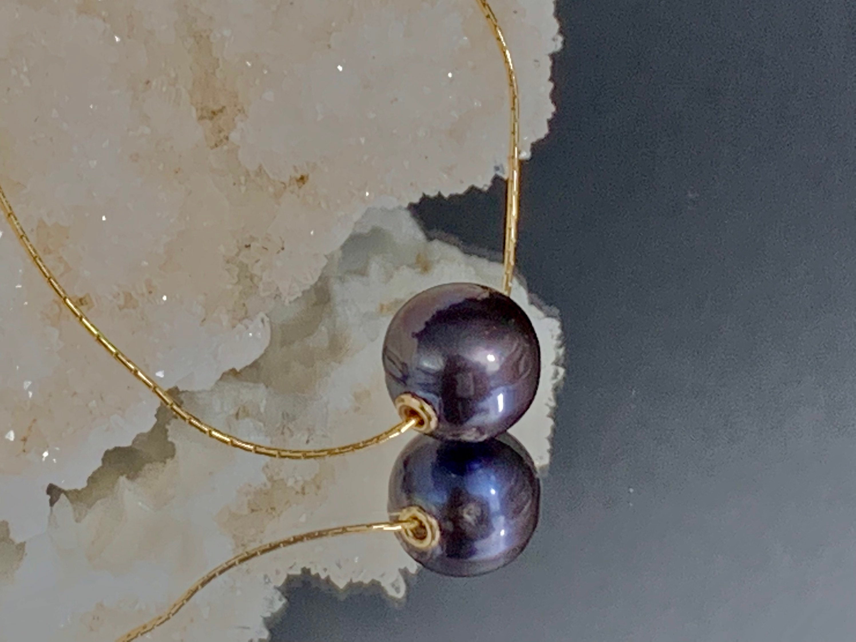 Gold Floating Pearl Necklace, 14K Gold Filled Freshwater Pearl Necklace, Peacock Black Pearl