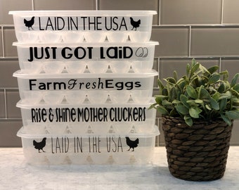 FUNNY EGG CARTONS reusable plastic egg cartons fun phrases Rise & Shine Mother Cluckers Laid in the usa Just Got Laid funny egg cartons