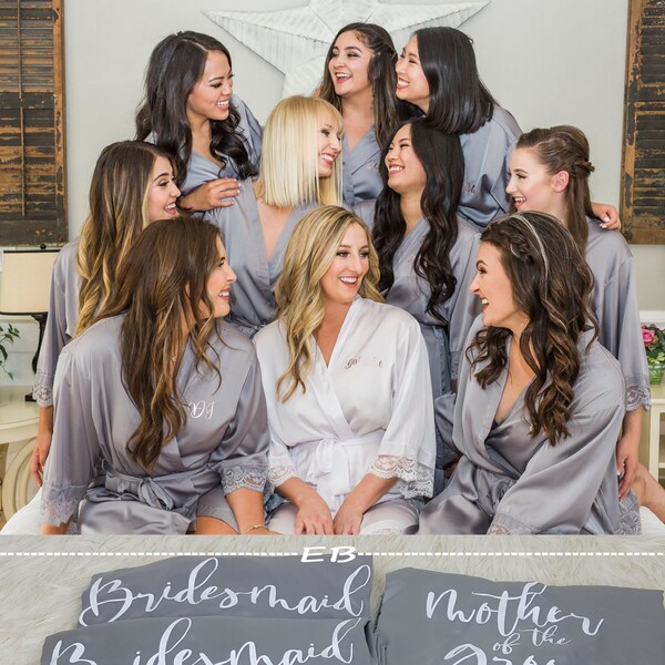 Silver Grey satin lace robes, set of 1,2,3,4,5,6,7,8,9,10,11,12, bridesmaid proposal box, getting ready robes, bachlorette party, event robe