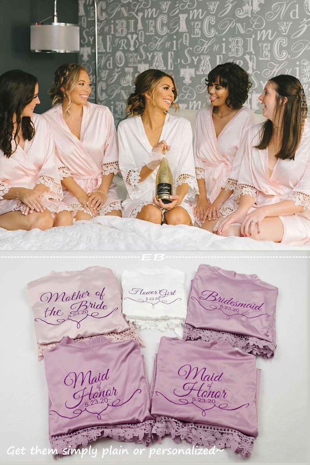 Bridesmaid Robes, Solid Satin Lace, Personalized Robes, Dusty Rose, Blush, Mauve, Bridesmaid