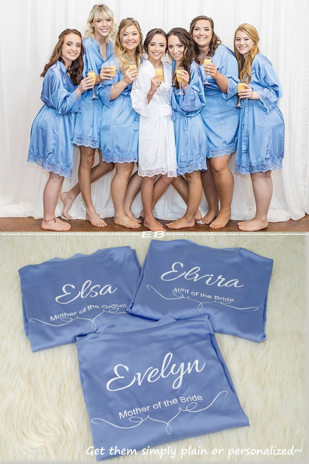 Hydrangea Blue, Set of 7 Bridesmaid Robes, Solid Satin Lace Robe