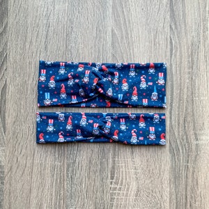 Patriotic Gnome Twist Headband, Knot Headband, Turban Headband, Red, White, Blue Headband, Women&#39;s Headband, Gift for Her, Workout Headband