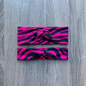 Pink/Black Zebra Twist Headband, Knot Headband, Turban Headband, Fitness Headband, Women&#39;s Headband, Nurse Headband, Gift for Her, Zebra