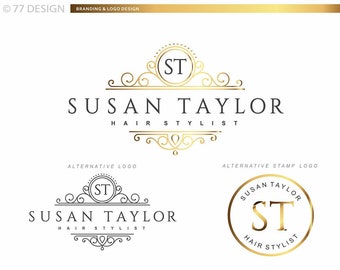 Vintage Hairdresser logo design, Scissors Comb branding, Haircut Artist, Fashion Stylist logo, Retro gold logo, Beauty salon, logo set 035
