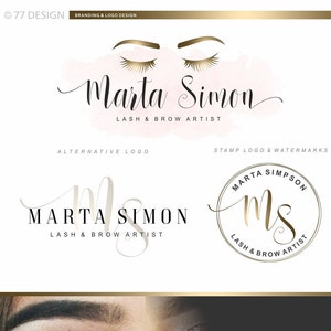 Design de logotipo de artista de cílios, pacote de logotipo pré-fabricado, kit de marca de cílios, logotipo de extensões de cílios dourados, cartão de visita, pacote de beleza de maquiagem 010