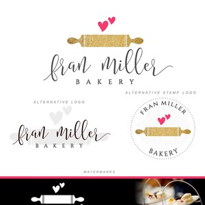 Golden Rolling Pin Herzen Logo, Bäckerei Logo Design, Bake Shop Branding Kit, Cake Food Blog, Custom Marketing Kit, Gastronomie Bake Shop 220