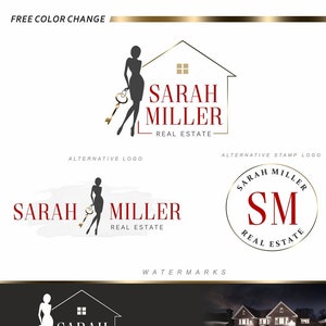 Logotipo de bienes raíces, logotipo de realtor, kit de marca femenina, marketing de bienes raíces de mujer, tarjeta de visita, marca Lady Broker, sello de casa clave de oro 113