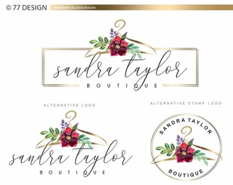 Clothes hanger Logo, Boutique branding set, Flower hanger logo, chic, Fashion branding kit, Sewing logo package, feminine logo, Hanger 086