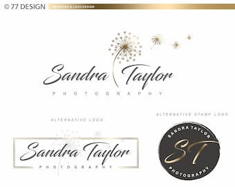 Dandelion Logo design, Photography logo, Logo watermark, Golden design, Simple branding set, Dandelion blowing Premade wedding event set 083