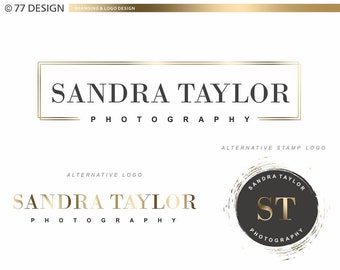May include: A collection of branding and logo design elements for "Sandra Taylor Photography." The designs feature a gold and black color scheme, with various logo options, watermarks, a Facebook cover, email signature, business card, thank you card, and appointment card.