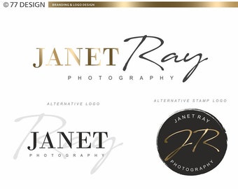 May include: A branding and logo design mockup for a photography business called "Janet Ray Photography". The design includes a logo with a gold script font, a black and white stamp logo, a watermark, a Facebook cover, an email signature, and business cards. The business cards include the logo, contact information, and the text "Thank You!" and "Appointment".