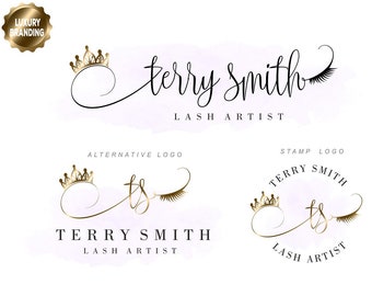 Lashes logo, Crown lash beauty logo, Makeup logo, Lash artist logo design, Eyelash branding, logo package, Gold lashes extensions logo 197
