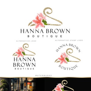 Design de logotipo de boutique, conjunto de marca de boutique de cabide, cartão de visita de boutique, logotipo de cabide de flores, kit de marketing de moda, logotipo feminino 270