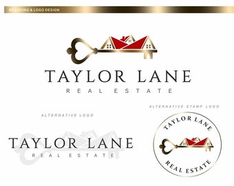 Real Estate branding kit, Realtor logo, Logo design, Agent marketing package, Business card, House key gold red logo set Broker design 101