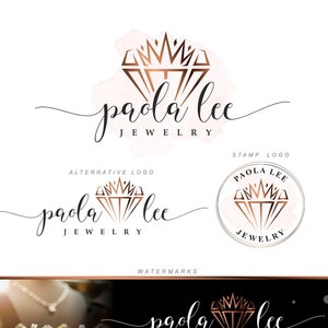 Diamond logo design, Jewelry premade logo package, gold rose Geometric logo, Branding Kit, Watermark, Custom package, Boutique logo set 203