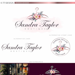 Conjunto de marca de boutique de cabide, design de logotipo de boutique, cartão de visita de boutique, logotipo de cabide de flores, kit de marketing de moda, logotipo feminino, 088