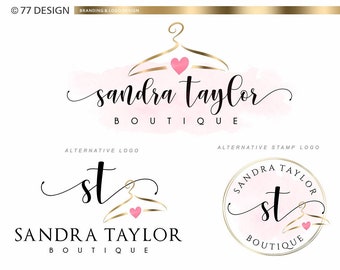 Clothes hanger Logo, Boutique branding set, Heart hanger logo, chic, Fashion branding kit, Sewing logo package, feminine logo, Hanger 225