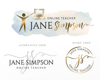 May include: A blue and gold graphic design template for an online teacher named Jane Simpson. The template includes a logo, business card, social media graphics, and promotional stamps. The design features a stylized person pointing to a laptop, a watercolor background, and the text "Online Teacher".