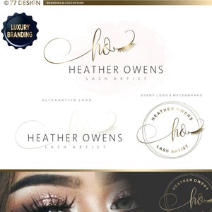 Design de logotipo de artista de cílios, kit de marca de cílios, pacote de logotipo pré-fabricado, logotipo de extensões de cílios dourados, cartão de visita, pacote personalizado de marketing 001
