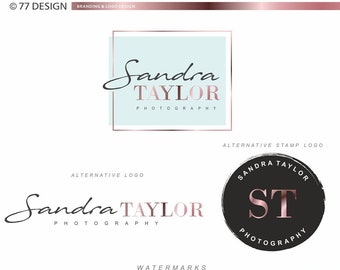 May include: Branding and logo design for a photography business called Sandra Taylor Photography. The logo features a script font with a rose gold color scheme. The design includes a variety of marketing materials such as business cards, social media graphics, and a thank you card.