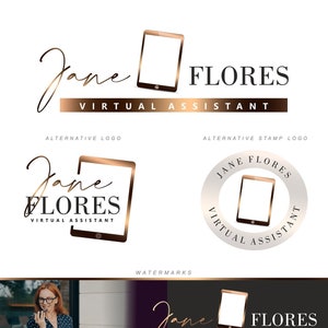 Op de afbeelding: Een digitaal marketing visitekaartje ontwerp met een goud en wit logo met een tablet-icoon en de tekst "Jane Flores Virtual Assistant". De kaart bevat ook de naam van de eigenaar van het bedrijf, telefoonnummer, e-mailadres en links naar sociale media.