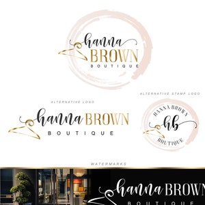 Design de logotipo de boutique, conjunto de marca de boutique de cabide, cartão de visita de boutique, logotipo de cabide dourado, kit de marketing de moda, logotipo feminino 270.2