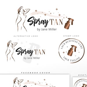 May include: A logo design for a spray tan business. The logo features a stylized silhouette of a person with a spray tan gun. The text "Spray Tan" is written in a cursive font with the words "by Jane Miller" below. The logo is in shades of brown and gold.