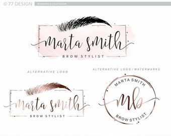 May include: A branding kit for a brow stylist named Marta Smith. The kit includes a logo, business card, Facebook cover, email signature, thank you card, and appointment card. The logo features a pink watercolor background with a black eyebrow and the text "Marta Smith Brow Stylist".