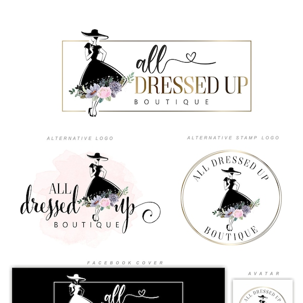 Boutique logo design, Black Dress woman stylist Beauty shop, Blog, Sewing logo, Flowers Clothing line Fashion Branding business package 329