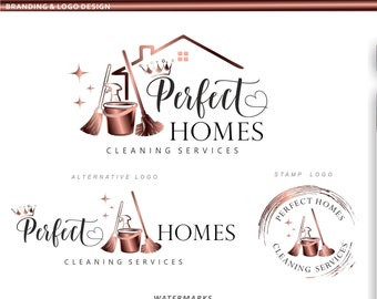 Cleaning logo, Mop Logo,  Broom Logo, Bucket Logo, House cleaning logo, Rose gold Cleaning  Logo, Cleaning business logo, Housemaid logo 439
