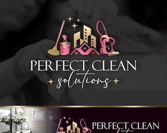 May include: A logo for a cleaning service called "PERFECT CLEAN solutions". The logo features a pink and gold illustration of a house, a vacuum cleaner, a bucket, and a mop.