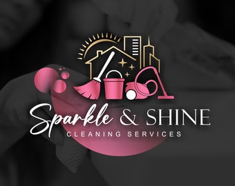 May include: A pink and gold logo for a cleaning service called "Sparkle & Shine Cleaning Services". The logo features a house, a broom, a bucket, a vacuum cleaner, and a sun.