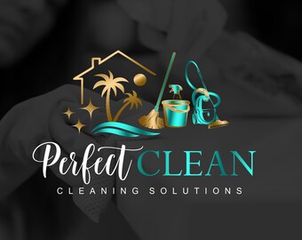 May include: A teal and gold logo for a cleaning service called "Perfect CLEAN Cleaning Solutions". The logo features a house with palm trees, a bucket, a broom, a spray bottle, and a vacuum cleaner.