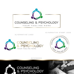 May include: A logo design for a counseling and psychology practice. The logo features a stylized image of three people forming a circle, with the colors blue, green, purple, and white. The text "Counseling & Psychology" is displayed below the logo, along with the tagline "Your Tagline Here".
